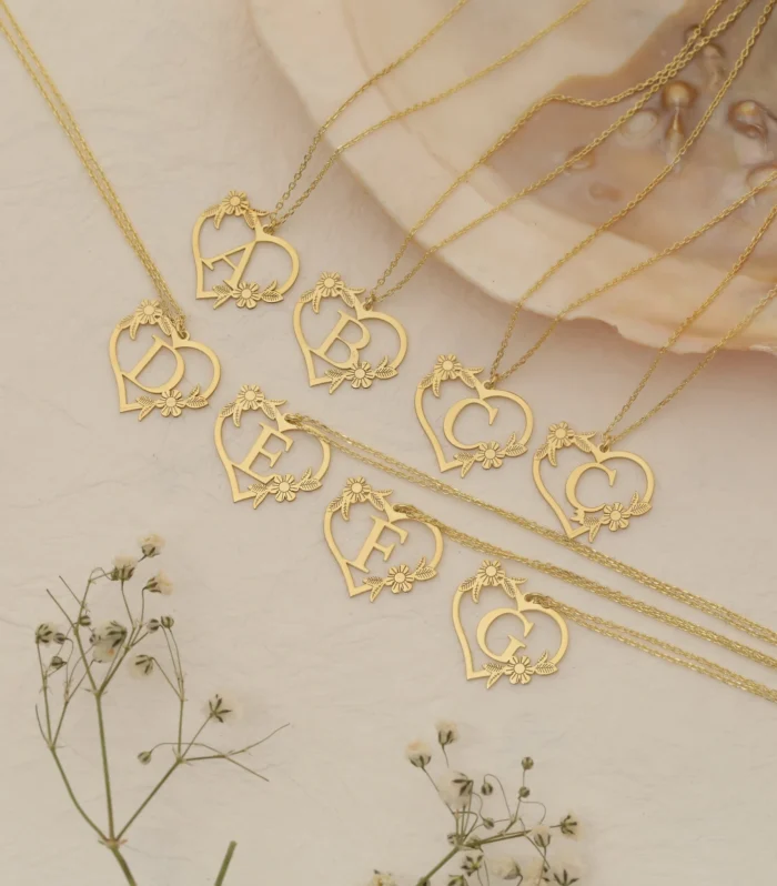 Personalized Flower Heart Initial Necklace