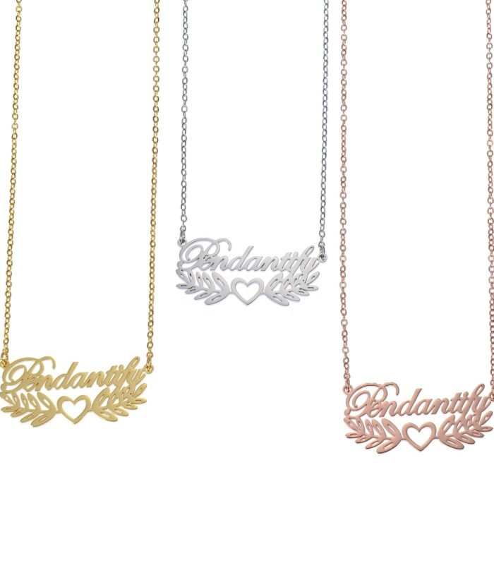 Custom Leaf Heart Name Necklace